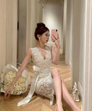 キャバドレス 膝丈ドレス レース Vネック 小顔効果 セクシー 気質 エレガント XH2-ZED888355DXH238A