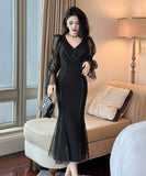 手作り 膝丈ドレス レース セクシー Vネック 谷間魅せ 宴会 マーメイド エレガント 気質 XH2-JY20679