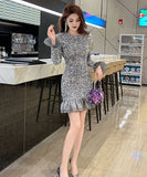 手作りドレス 膝丈ドレス キラキラ セレブ風 高級感 気質 フリル 小顔効果 XH2-JY30762