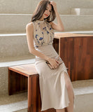 2点セット 膝丈ドレス オフショルダー エレガント 花柄 着痩せ 通勤 おしゃれ YH2-ZED883142A07