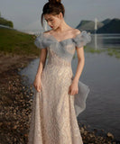 手作り バースデーロングドレス 宴会 パーティー 演奏会 オフショルダーフ キラキラ XH2-MBYD6.23