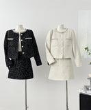 【上下セット】Black&white ツイードスーツ セレブ風 ミニドレス 高級感 真珠 キラキラ 大人可愛い 同伴 エレガントXH2-MYK0556