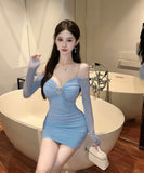 【4色】ミニドレス 秋新作 セクシー タイトドレス 谷間魅せ 袖付き XH2-DD5157