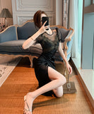 【手作り】膝丈ドレス 高品質 パフスリーブ エレガント 気質 セクシー XH2-JY40062