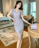 【手作り】ロングドレス 高品質 レース パフスリーブ Vネック 気質 宴会 XH2-JY20671