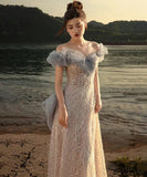 手作り バースデーロングドレス 宴会 パーティー 演奏会 オフショルダーフ キラキラ XH2-MBYD6.23