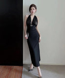 ロングドレス セクシー ホルターネック 谷間魅せ ナイトクラブ XH2-ZED889010DXH343