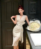 キャバドレス 膝丈ドレス レース Vネック 小顔効果 セクシー 気質 エレガント XH2-ZED888355DXH238A