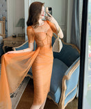 【オレンジ＆ブルー】【手作り】膝丈ドレス エレガント 気質 チュール ユニーク XH2-JY20601