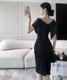 膝丈ドレス エレガント 水玉柄 オフショルダー パーティー おしゃれ セクシー XH2-ZED885446DXH449