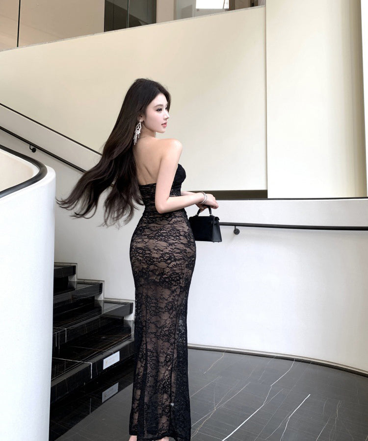 ロングドレス ベアトップ レース セクシー タイトドレス