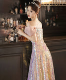 ロングドレス 誕生日パーティー キラキラ 人魚姫 リボン オフショルダー 演奏会 宴会 XH2-WS-P108