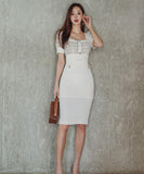 キャバドレス 膝丈ドレス スクエアネック エレガント 気質 パフスリーブ XH2-ZED889686BH538