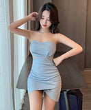 【3色】ミニドレス キャバドレス セクシー 谷間見せ ベアトップ 非対称 XH2-DD2699