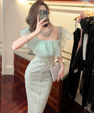 【手作り】膝丈ドレス フリル おしゃれ 小顔効果 スクエアネック エレガント XH2-JY20470