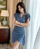 ミニドレス エレガント 気質 非対称 着瘦せ 通勤 Vネック XH2-ZED889628GT347