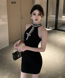 ミニドレス 谷間見せ キャバドレス セクシー ホルターネック キラキラ キャバクラ XH2-DD6362