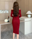 【4色】ニットドレス オフショルダー セクシー  着瘦せ 袖付き エレガント XH2-ZED883071BH453