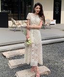 【ブルー&ホワイト】手作り Aラインドレス 総レースドレス セレブ風 キラキラ イベントドレス デートディナー 誕生会ドレス XH2-NN-PF23-035