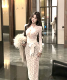 【3色】膝丈ドレス レースドレス 谷間見せ セクシー エレガント 女子力 袖付き 気質 XH2-XKD-D529-6616-Nov28