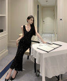 【Black&white】ロングドレス キラキラ ナイトクラブ パーティードレス Vネック 谷間見せ セクシー XH2-ZED883175DXH502