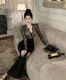 ロングドレス レース マーメイド エレガント 気質 宴会 袖付き Vネック XH2-ZED888300DXH238A