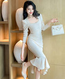 手作り 膝丈ドレス マーメイド エレガント 気質 スクエアネック セレブ風 真珠 XH2-JY6017