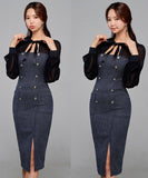 膝丈ドレス 秋新作 リボン スクエアネック エレガント セクシー 袖付き XH2-ZED889397C415