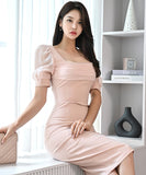 膝丈ドレス セクシー キャバドレス スクエアネック パフスリーブ 谷間魅せ 小顔効果 XH2-ZED886627BH506