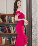 膝丈ドレス キャバドレス オフショルダー セクシー 着瘦せ お洒落  フリル XH2-ZED886565BH506