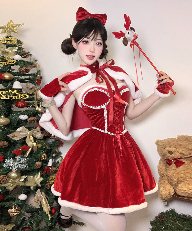 2色【5点セット】クリスマ 大人可愛い セクシー サンタ服 コスプレ Aライン ベアトップ リボン XH2-DML7