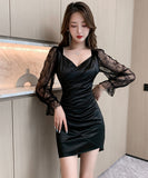 ミニドレス レース キャバドレス パフスリーブ 大人可愛い 谷間見せ セクシー タイトドレス XH2-JX3693