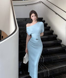 ロングドレスニットドレスワンショルダーセクシーエレガント通勤セクシー気質XH2-XKD-D318A-6340-Jun7