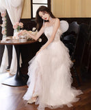 ロングドレス ベアトップふわふわ 刺繍 カラードレス 高級感 ウェディングドレス 宴会 演奏会　XH2-MBYD-ltao731899852919