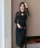 膝丈ドレス 中華風 レース セクシー 秋新作 袖付き おしゃれ 気質 XH2-ZED88959GT415