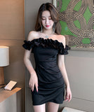 【black&pink】ミニドレス キャバドレス セクシー オフショルダー フリル XH2-DD3403