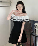 ミニドレス オフショルダー フリル 大人可愛い 着瘦せ 同伴 気質 XH2-ZED882688GT535