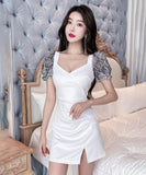 【2色】ミニドレス レース キャバドレス パフスリーブ 大人可愛い 谷間見せ セクシー タイトドレス XH2-JX5100