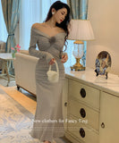 【2色】ロングドレス セクシー オフショルダー 谷間魅せ 指名 フリル 気質 XH2-ZED889648GT347