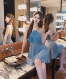【ブルー&ブラック】ミニドレス キャバドレス ホルターネック 谷間見せ Aライン 着痩せ 気質 XH2-DD7544