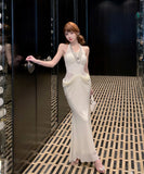 【2色】ロングドレス Vネック 谷間見せ マーメイド 女子力 キラキラ レース 肌見せ セクシー XH2-MXX5983