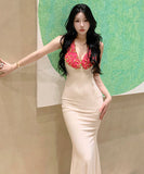 ロングドレス タイトドレス sexy Vネック 花 ユニーク XH2-LQE1981GT22