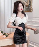 【2色】ミニドレス レース キャバドレス パフスリーブ 大人可愛い 谷間見せ セクシー タイトドレス XH2-JX5103