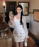 【2点セット】minidress キャバドレス キラキラ 高級感 セレブ風 パフスリーブ Vネック Sweet 通勤 XH2-DD7664