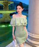 【2色】ミニドレス タイトドレス sexy オフショルダー フリル 大人可愛い XH2-JW9621GT347