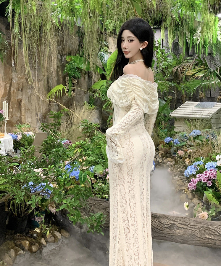 ロングドレスオフショルダーレースセクシーエレガントフリル