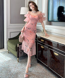 【手作り】ロングドレス ロマンティック風 花柄 パフスリーブ 小顔効果 フリル 大人可愛い XH2-JY10589