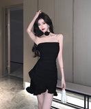 【2色】ミニドレス ベアトップ 非対称 セクシー フラワー フリル XH2-ZED886090GT513