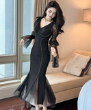 手作り 膝丈ドレス レース セクシー Vネック 谷間魅せ 宴会 マーメイド エレガント 気質 XH2-JY20679