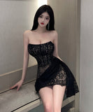 【2色】ミニドレスベアトップキャバドレスレース非対称セクシー肌見せ指名谷間見せパーティーXH2-DD4245